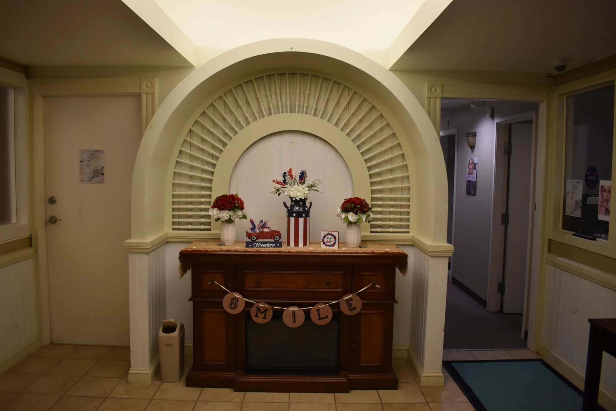 Fireplace and seating area inside the clinic